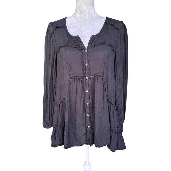 FREE PEOPLE Black 100% Cotton Button Front Boho Peasant Blouse Top Size L - Picture 1 of 5
